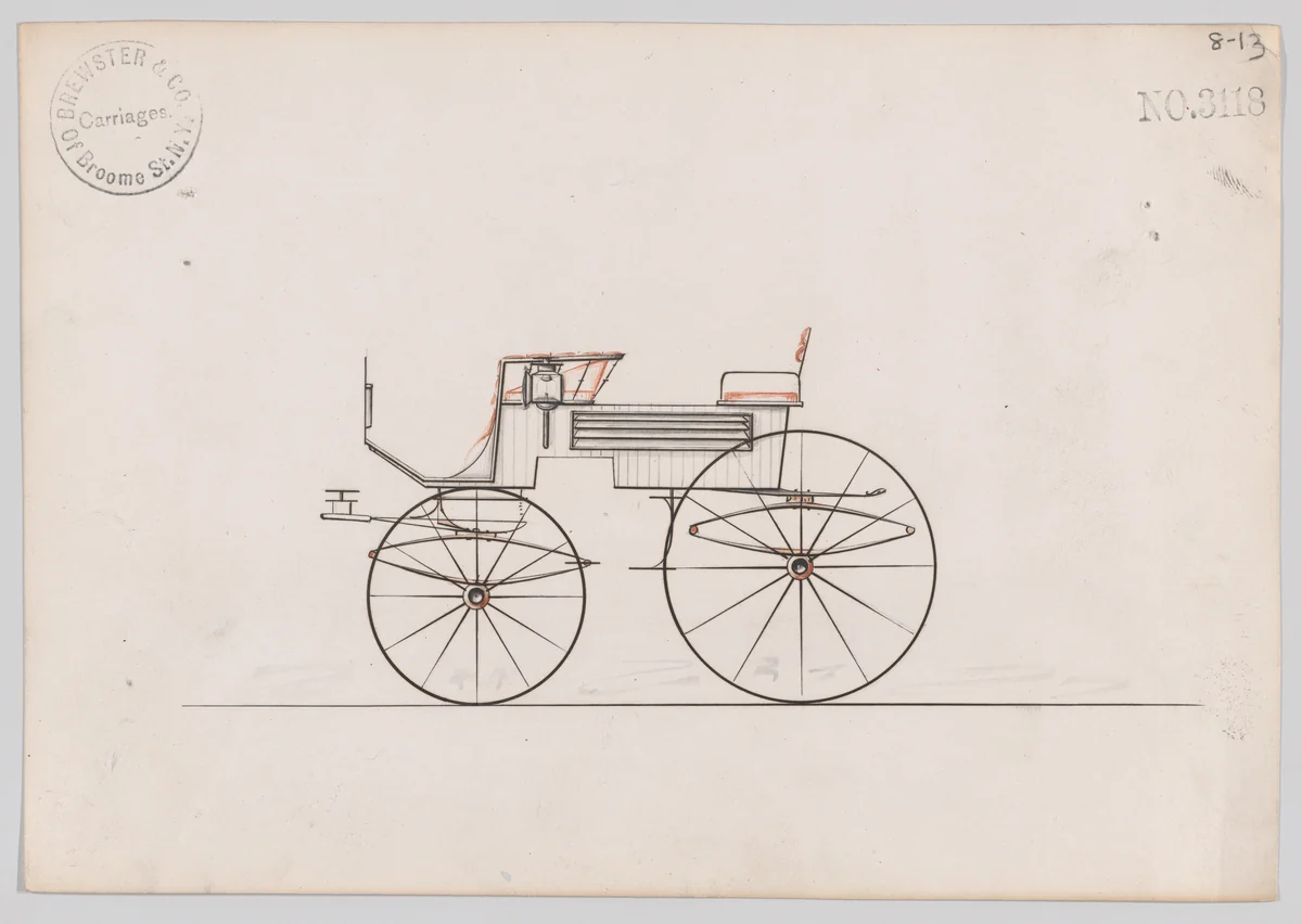 Design for 4 seat Phaeton, no top, no. 3118 by Brewster & Co., drawing, 1875