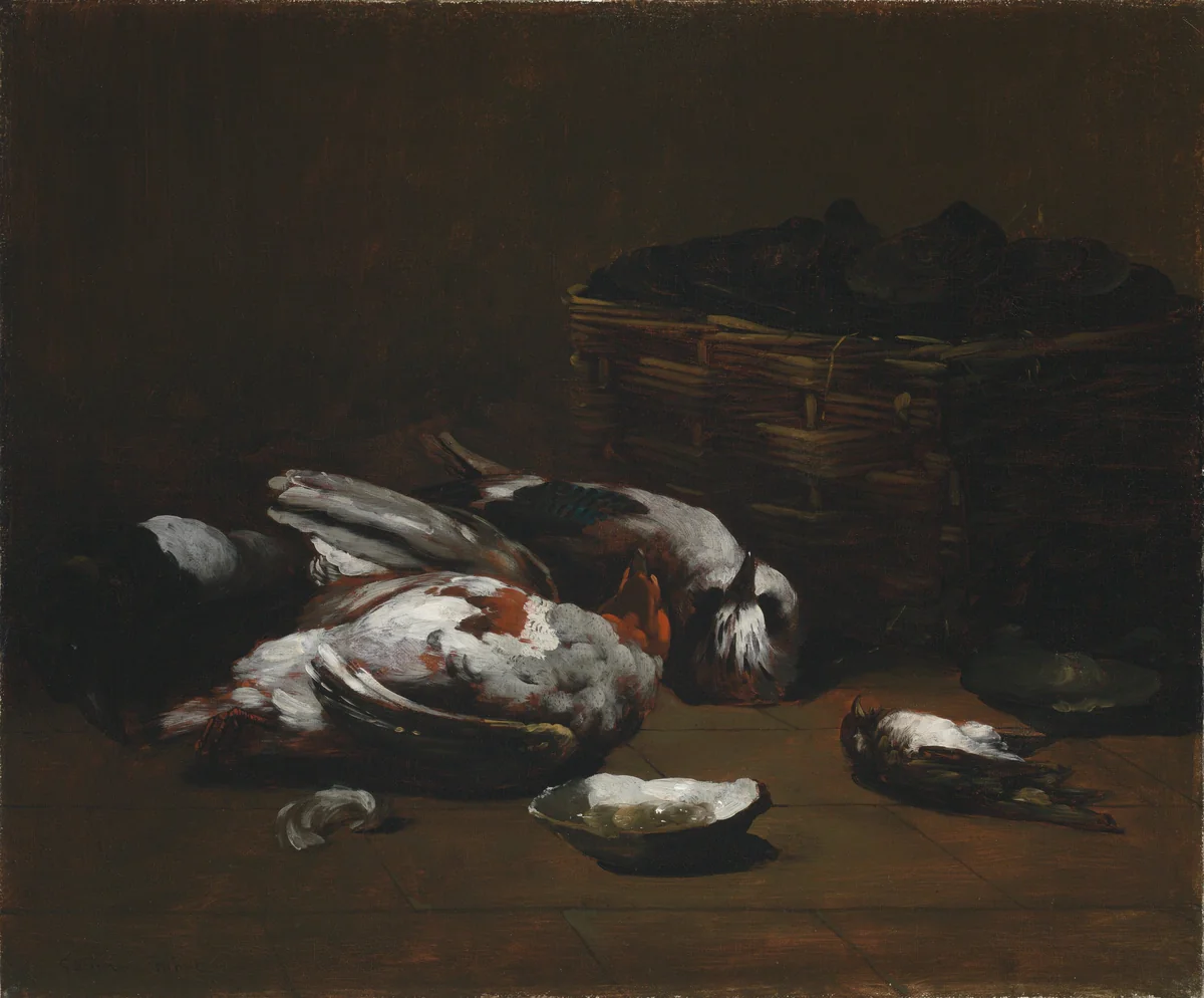 Still Life with Dead Birds and a Basket of Oysters by Germain Ribot, painting, 1860-1880
