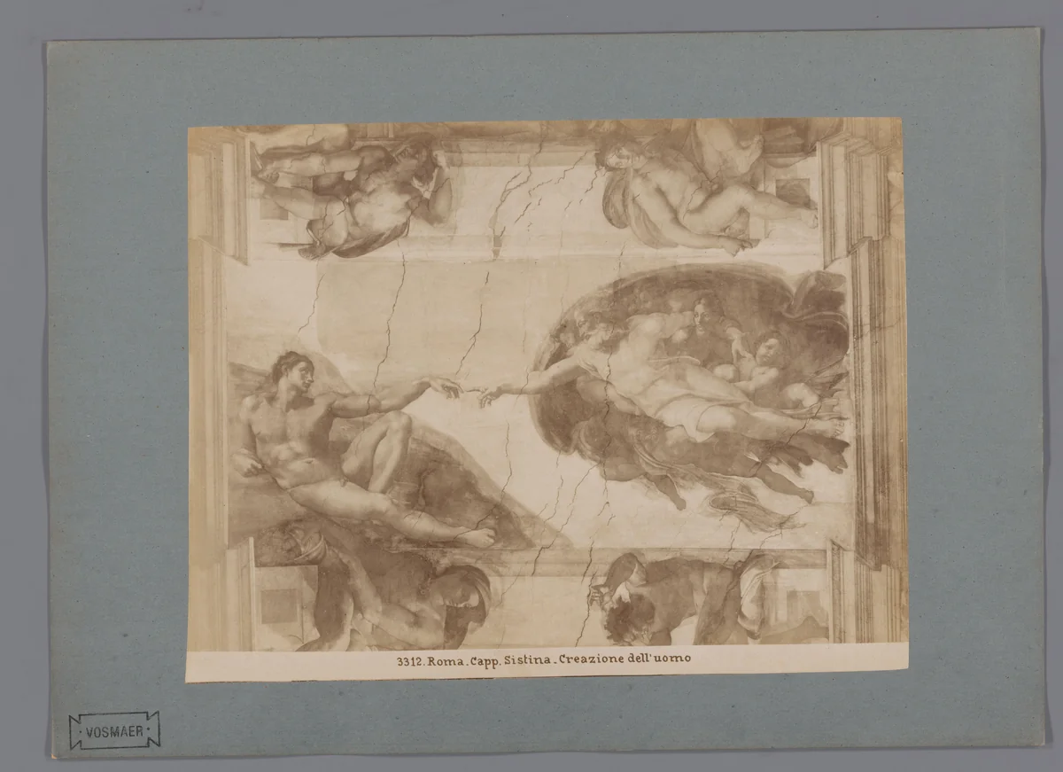 Fotoreproductie van het fresco De schepping van de mens door Michelangelo in de Sixtijnse kapel by anonymous, photograph, 1851-1900