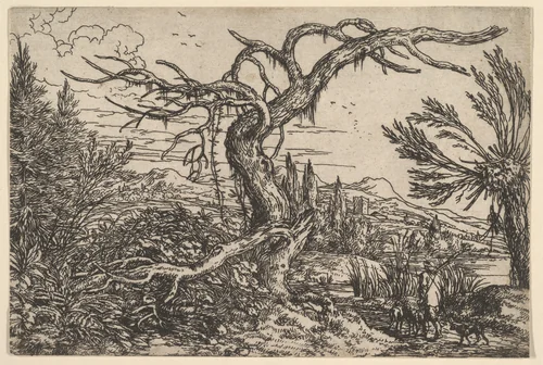 Landscape with a hunter and his dogs by Jonas Umbach, print, 1640-1693