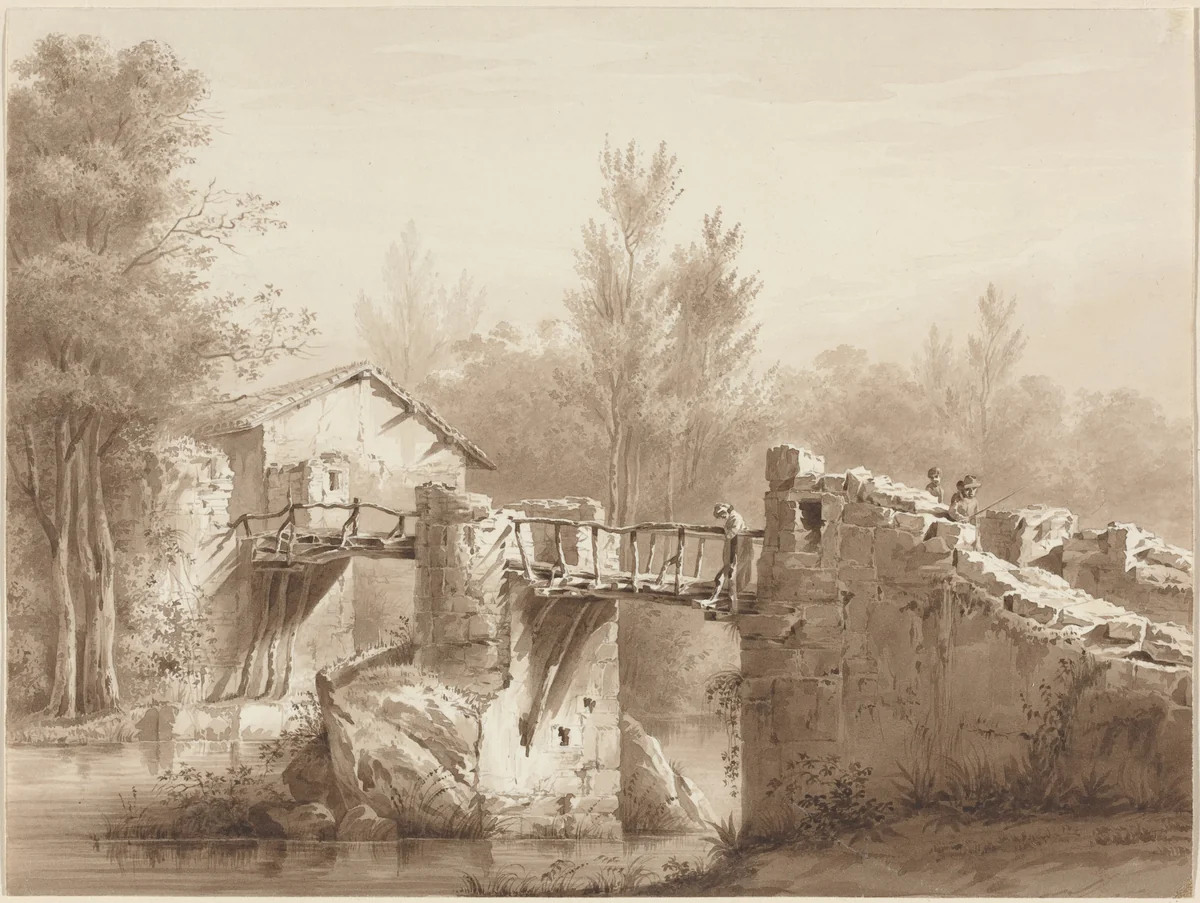 A Country Road across an Ancient Bridge by Jean Jacques de Boissieu, drawing, 1736-1810