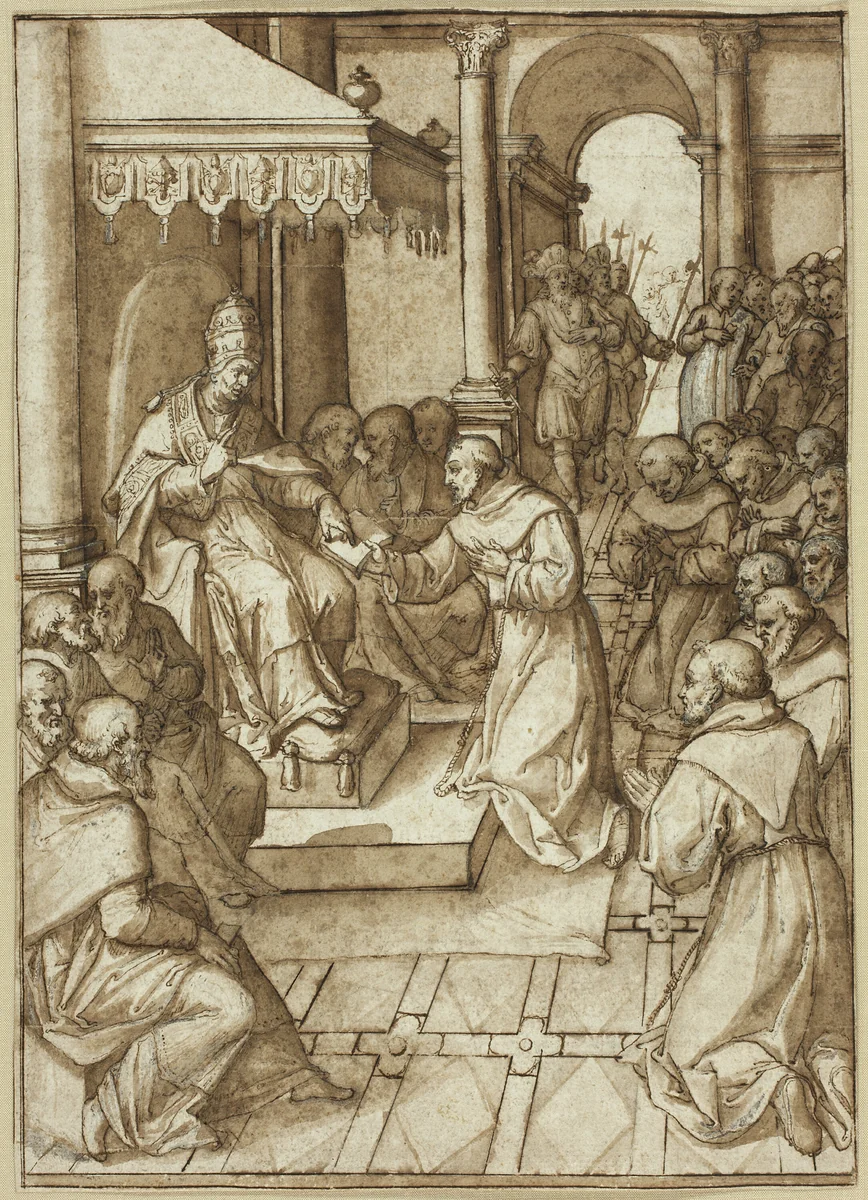 Approval of the Rules of the Franciscan Order by Pope Innocent III in 1209 by Livio Agresti, drawing, 1528-1579