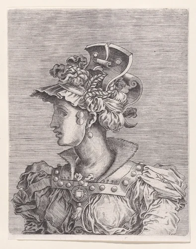 Bust of a Woman Wearing a Fantastic Head-dress and Mask by René Boyvin, print, 1525-1600