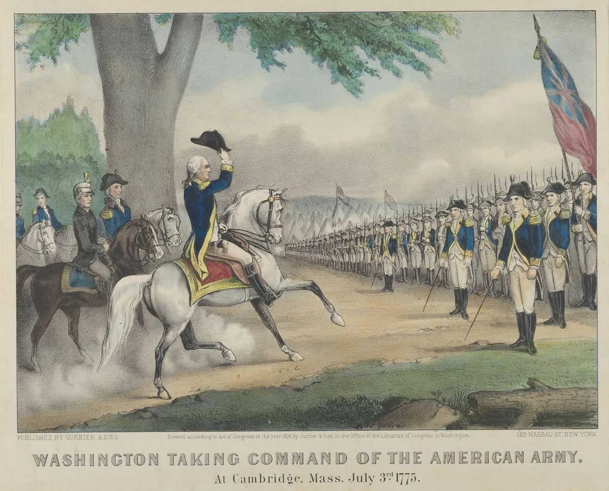 Washington Taking Command of the American Army – At Cambridge, Massachusetts, July 3rd, 1775 by Currier & Ives, print, 1876