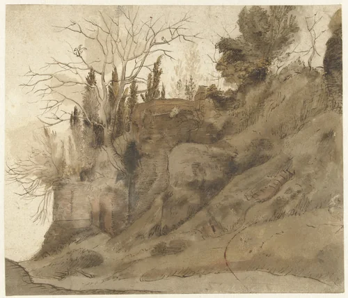 Begroeide ruïne by anonymous, drawing, 1600-1699