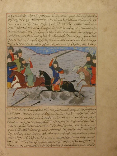 "Bahman Taking Revenge on the Sistanians" Folio from the Majma' al-Tavarikh (Compendium of Histories) of Hafiz-i Abru by Hafiz-i Abru, manuscript, 1400-1450