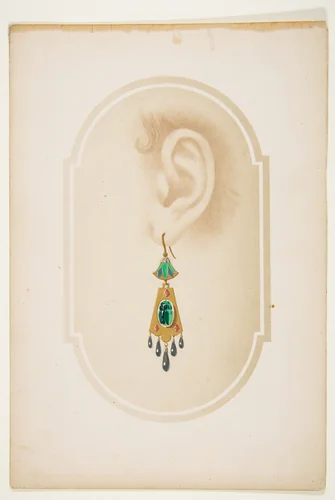 Design for an earring with a green scarab by anonymous, drawing, 1800-1899