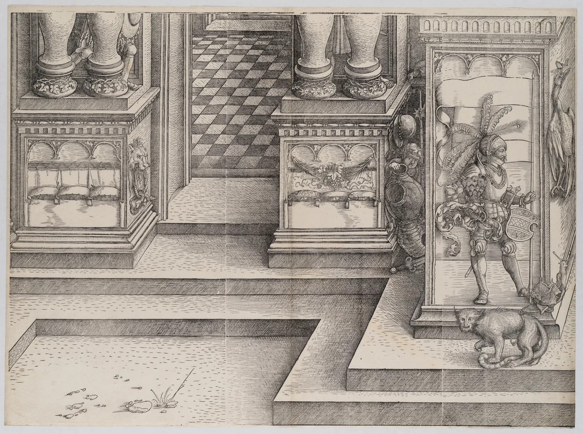 The Lower Portion of the Entryway to the Left Portal (Die Porten des Lobs); and the Outer Left Sockel of the Central Portal, from the Arch of Honor, proof, dated 1515, printed 1517-18 by Hans Springinklee, print, 1515