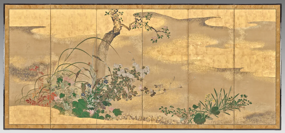 Flowers and Trees of the Four Seasons (left screen) by Watanabe Shikō (渡辺始興), painting, 1700-1725