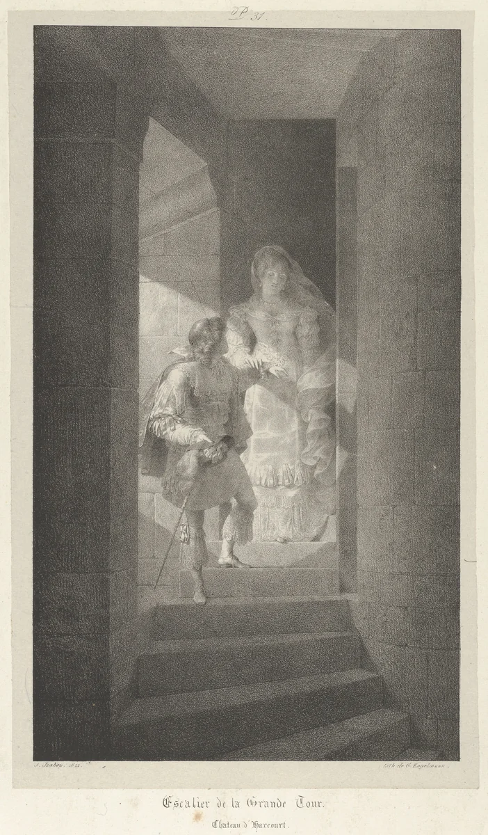 Staircase of the Grand Tower, Harcourt Castle by Jean Baptiste Isabey, print, 1818