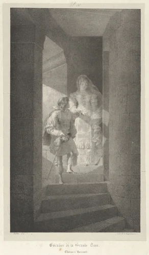 Staircase of the Grand Tower, Harcourt Castle by Jean Baptiste Isabey, print, 1818
