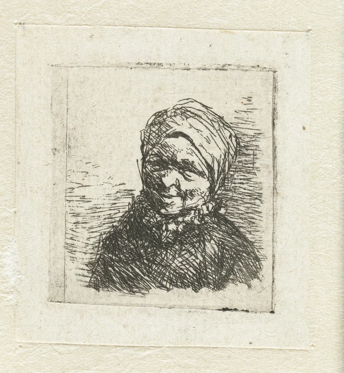 Buste van een lachende boerin by Adriaen van Ostade, print, 1650-1652