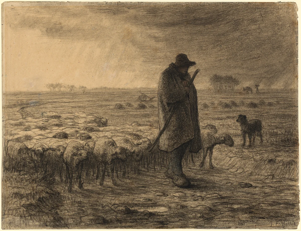 Shepherd Returning with His Flock by Jean-François Millet, drawing, 1855-1865