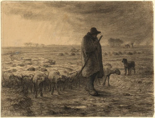 Shepherd Returning with His Flock by Jean-François Millet, drawing, 1855-1865