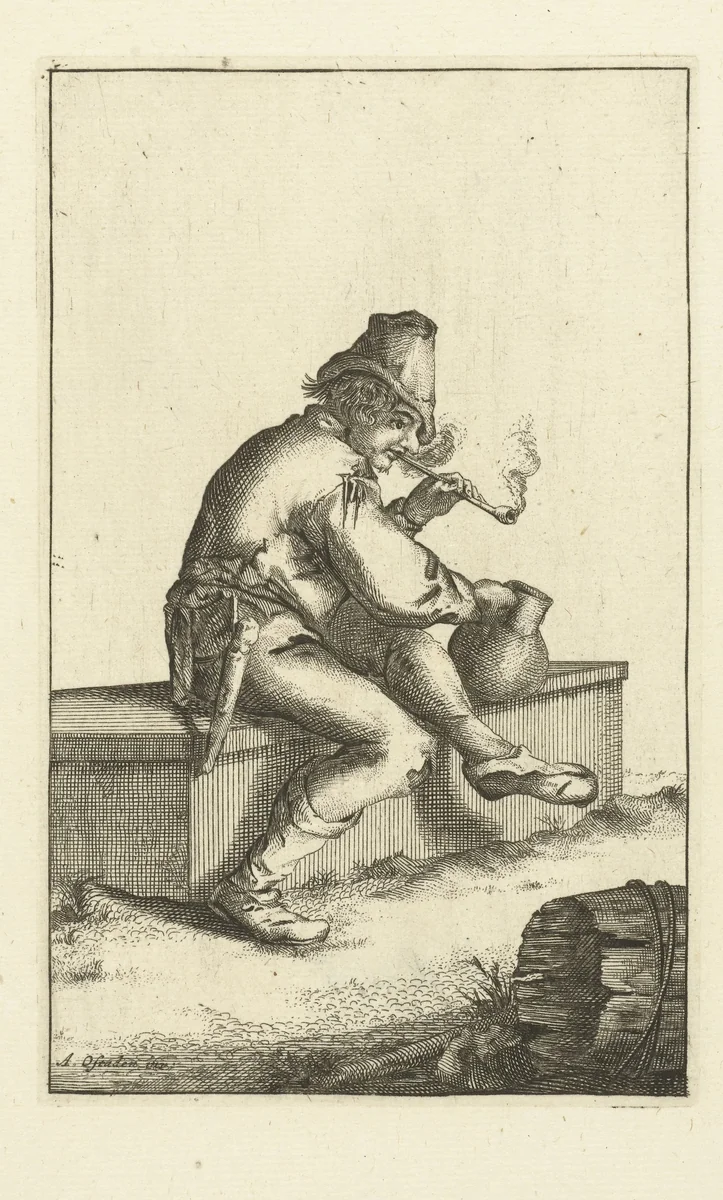 Boer rookt pijp en houdt drinkkan vast by Cornelis Danckerts, print, 1613-1656