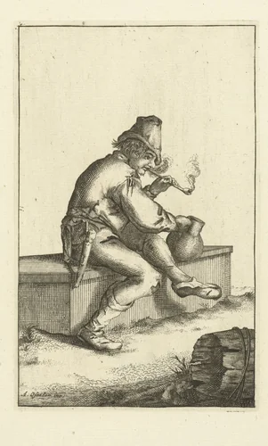 Boer rookt pijp en houdt drinkkan vast by Cornelis Danckerts, print, 1613-1656