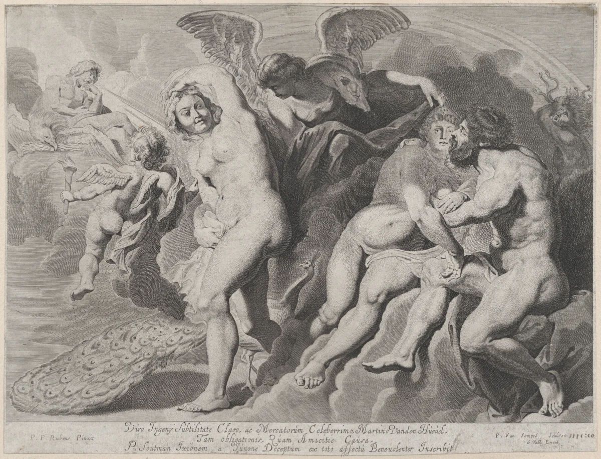 Ixion deceived by Hera by Pieter van Sompel, print, 1620-1624
