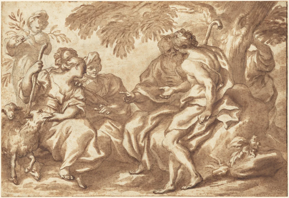 The Meeting of Jacob and Rachel by Domenico Piola, drawing, 1670-1679