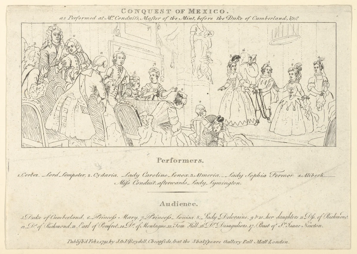 Key with List of Performers to: The Indian Emperor, or, The Conquest of Mexico, Act 4, scene 4 by William Hogarth, print, 1791