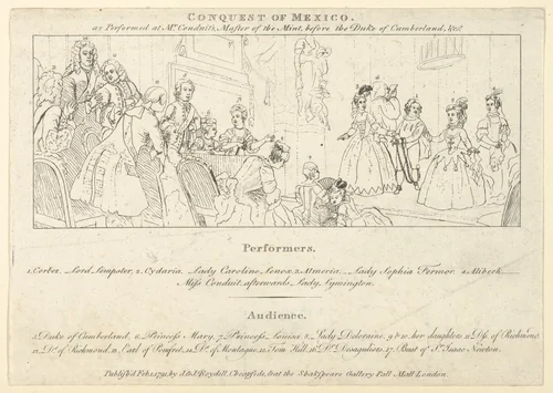 Key with List of Performers to: The Indian Emperor, or, The Conquest of Mexico, Act 4, scene 4 by William Hogarth, print, 1791