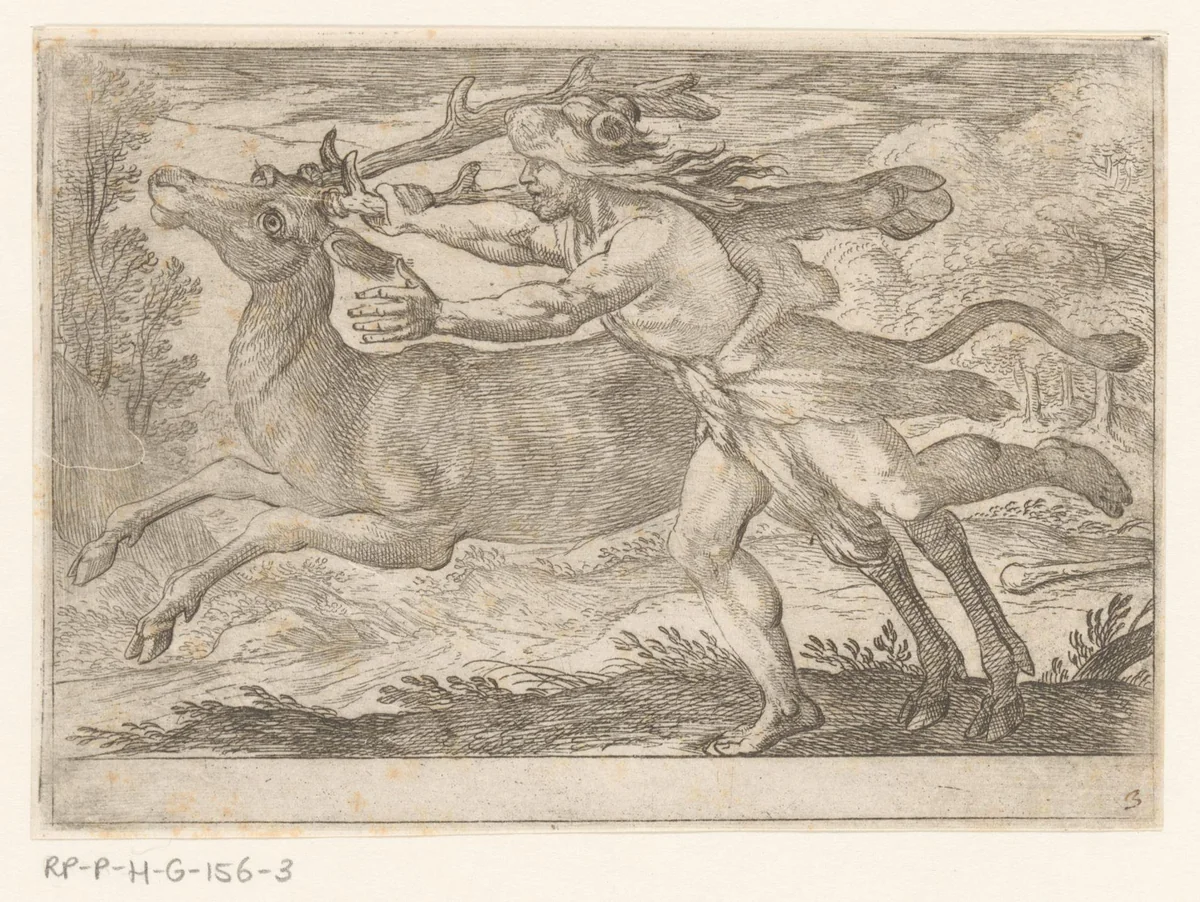 Hercules vangt het Arcadische hert by Antonio Tempesta, print, 1608