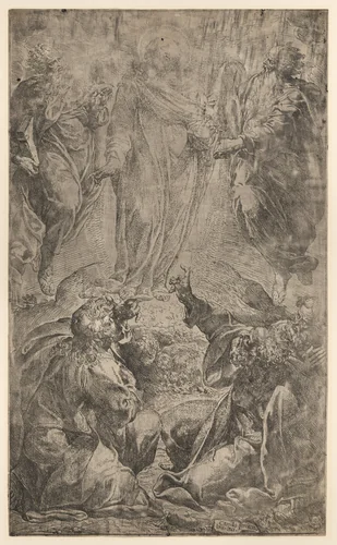 The Transfiguration of Christ on Mount Tabor, with Moses and Elijah, three disciples below by Camillo Procaccini, print, 1587-1590