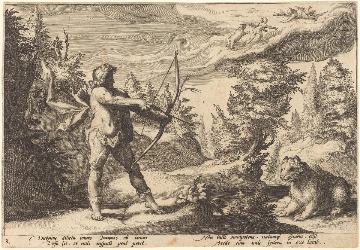 Arcas Preparing to Kill His Mother by Robert de Baudous; Hendrick Goltzius, portfolio, 1590-1690