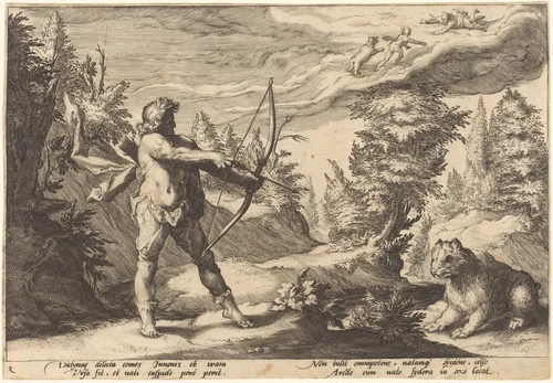 Arcas Preparing to Kill His Mother by Robert de Baudous; Hendrick Goltzius, portfolio, 1590-1690
