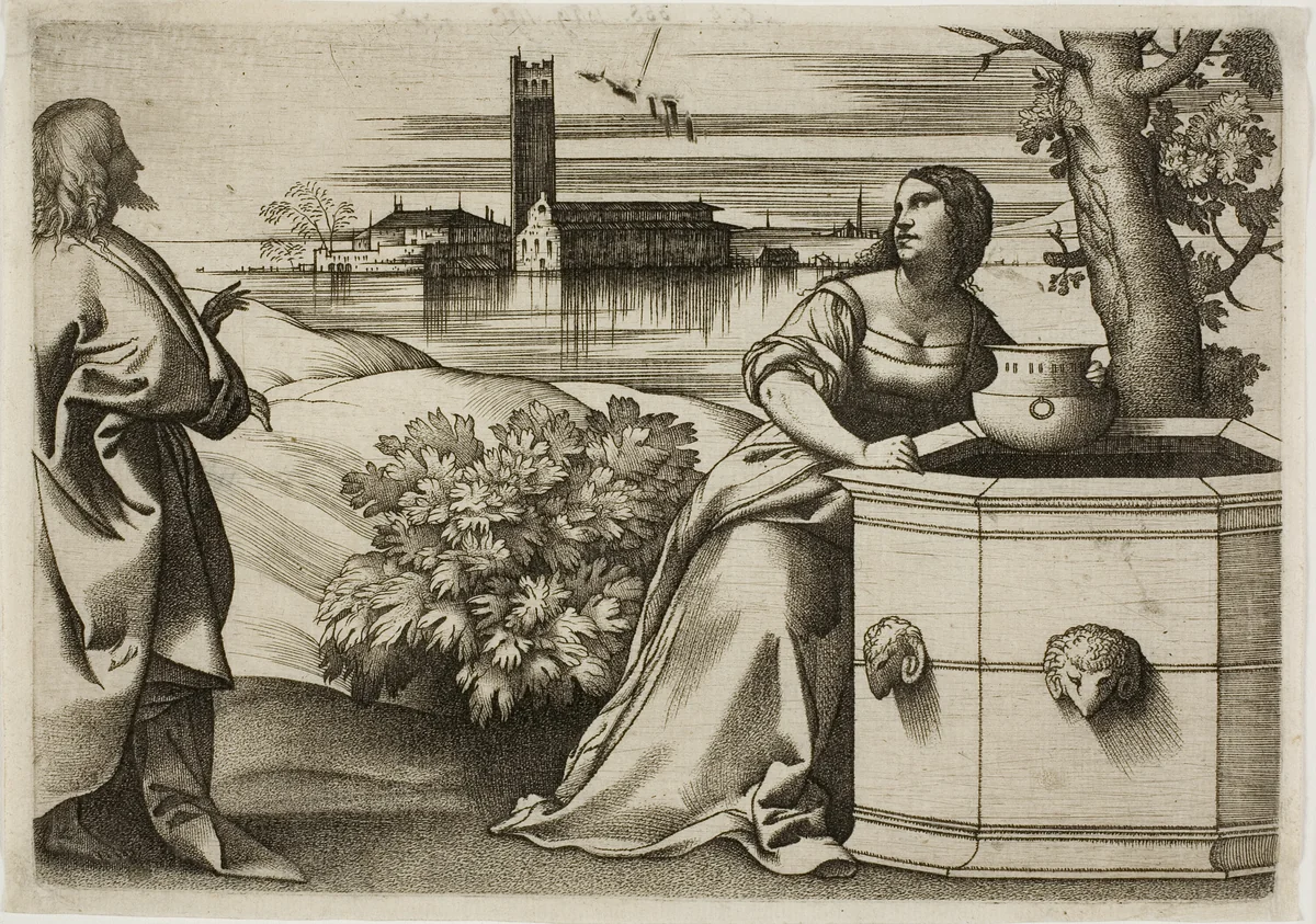 Christ and the Samaritan Woman by Giulio Campagnola, print, 1505-1515