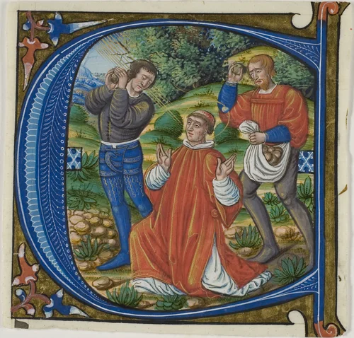 The Stoning of Saint Stephen in a Historiated Initial "A" or "C" from a Gradual by Master of Jacques de Besançon, painting, 1485-1515