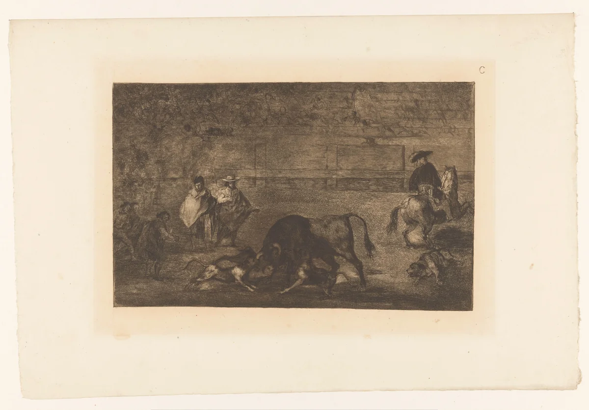 Stier aangevallen door honden by Francisco de Goya, print, 1876