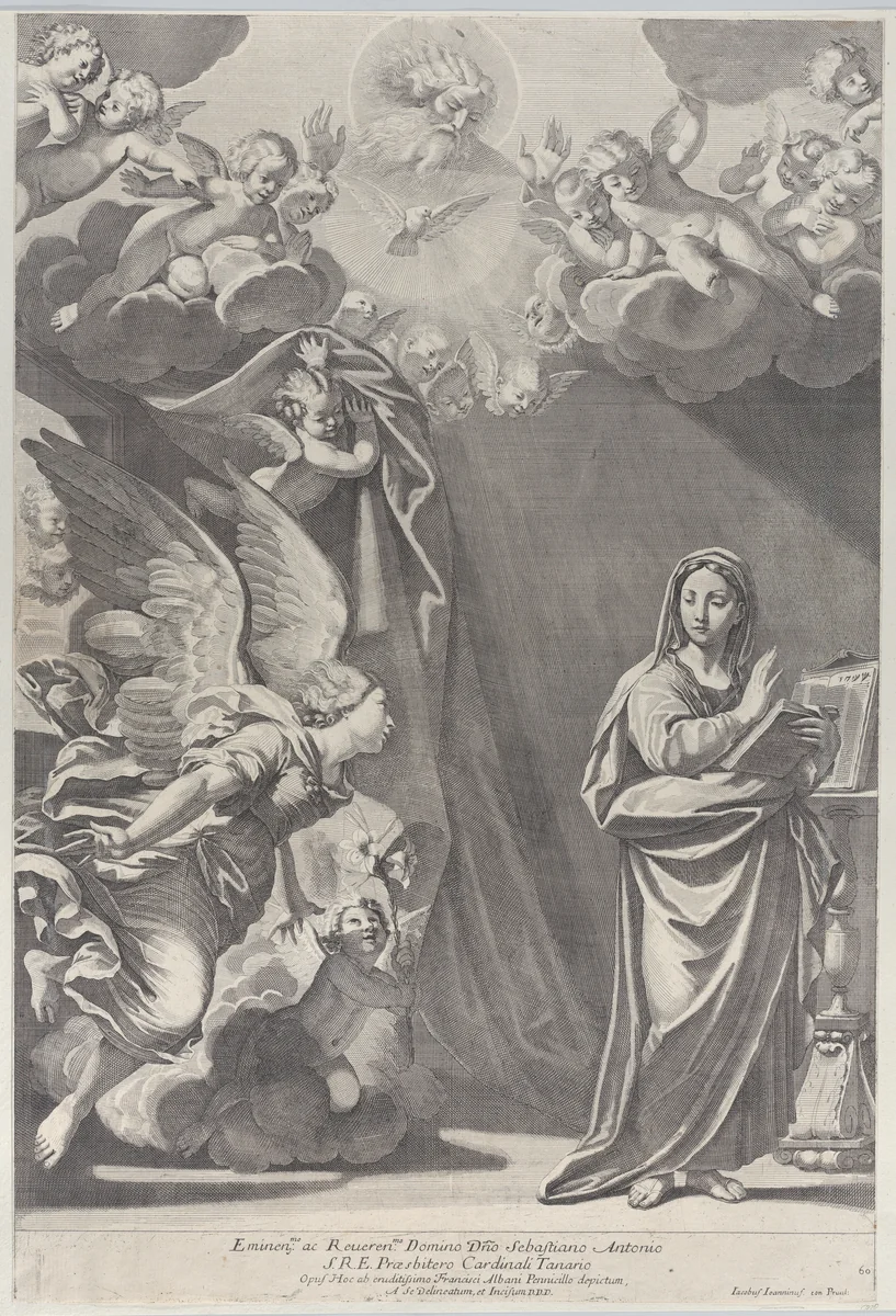 The Annunciation, with Gabriel and other angels at left and God the Father above by Giacomo-Maria Giovannini, print, 1687-1717