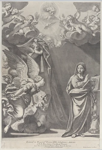 The Annunciation, with Gabriel and other angels at left and God the Father above by Giacomo-Maria Giovannini, print, 1687-1717
