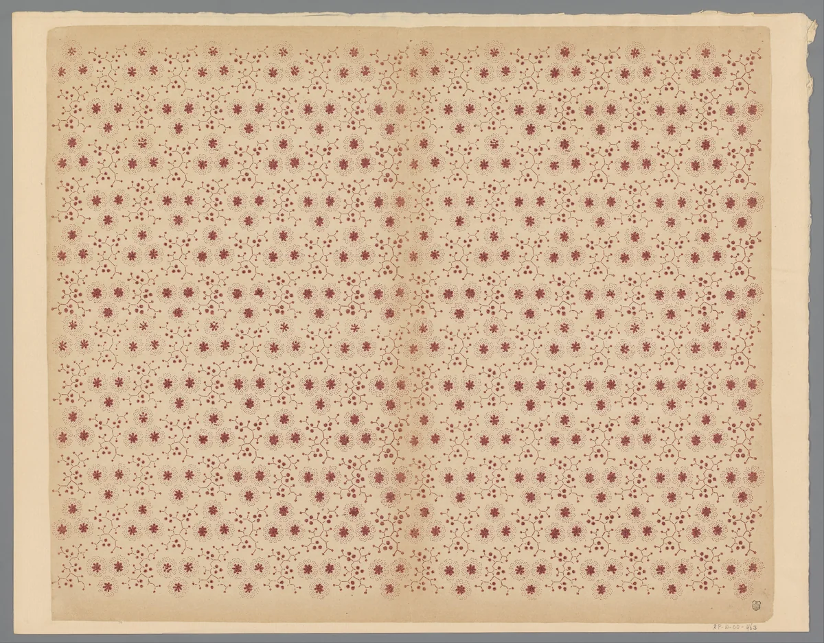 Blad met strooipatroon van bloemmotief omgeven door takjes met vruchtjes by anonymous, print, 1800-1900