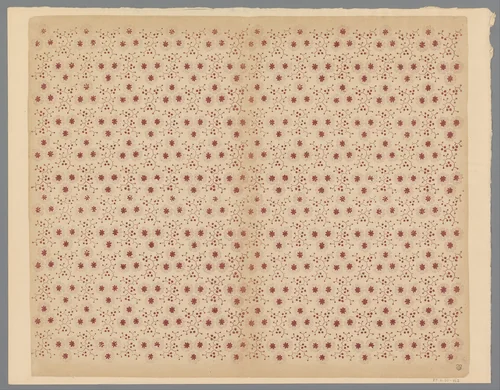 Blad met strooipatroon van bloemmotief omgeven door takjes met vruchtjes by anonymous, print, 1800-1900