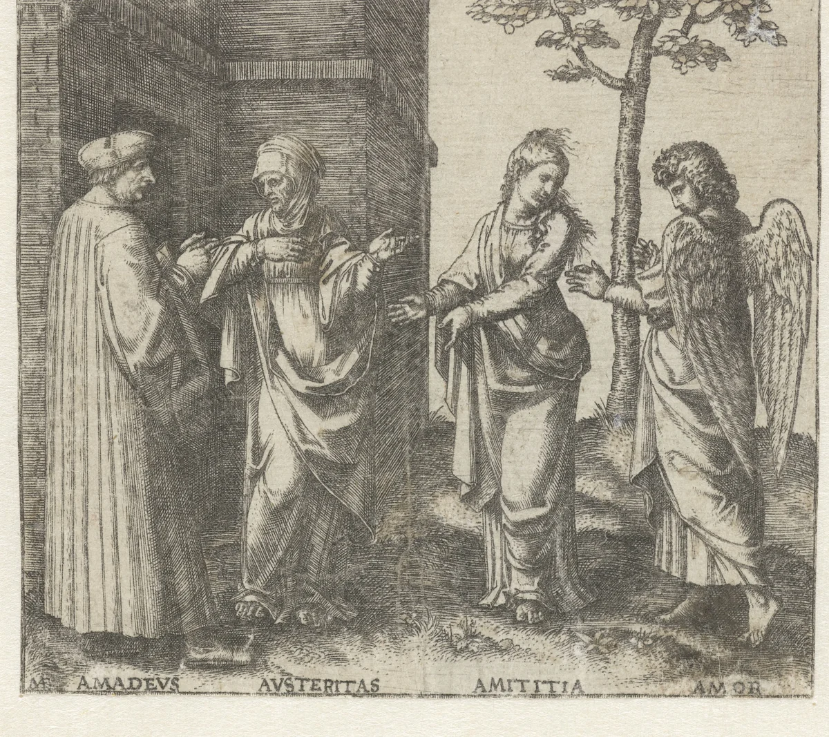 Amadeus Berutti met Strengheid (Austeritas) en Vriendschap (Amicitia) en Liefde (Amor) by Unknown, print, 1510-1517