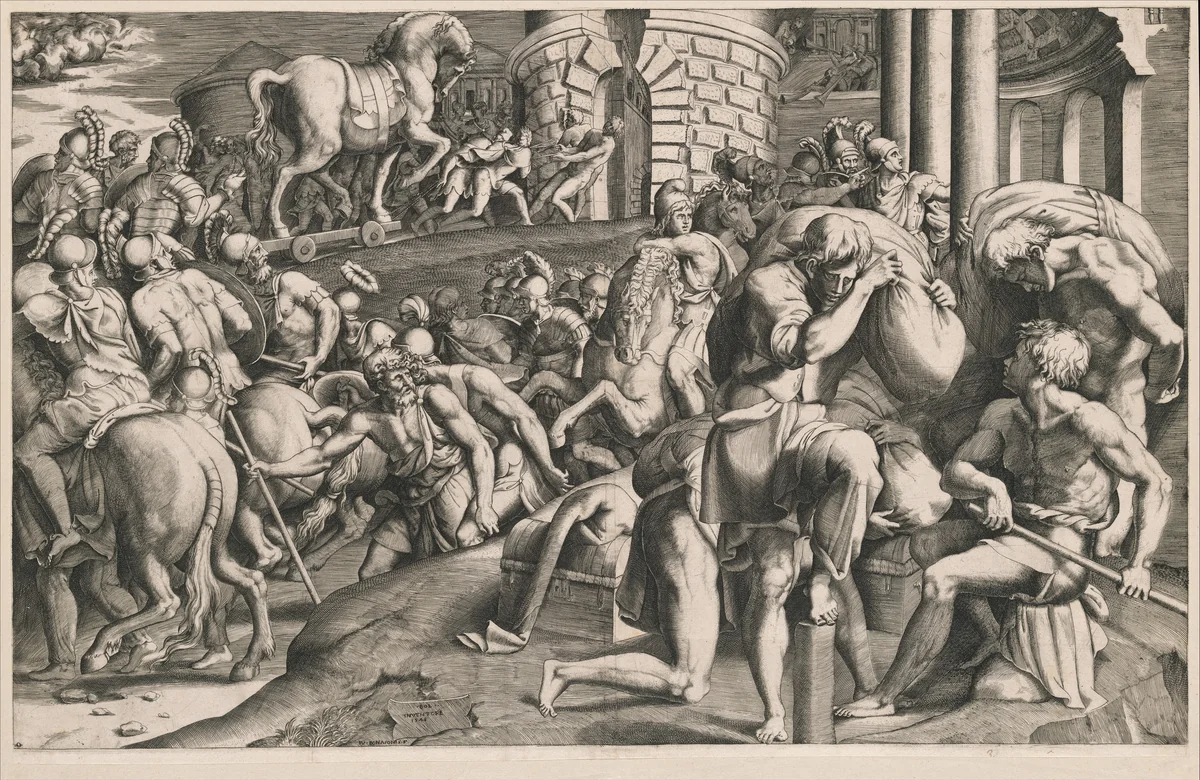 The Trojans pulling the wooden horse into the city by Giulio Bonasone, print, 1545