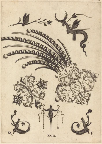 Two Brooches with Dragon and Insects at Top and Human Beings with Snake-like Tails atBottom by Daniel Mignot, print, 1596