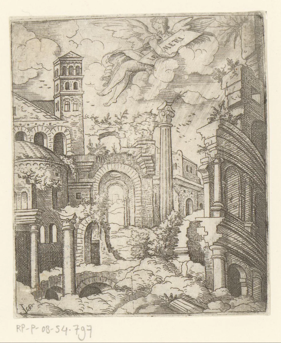 Meetkunde (Geometria) boven ruïneuze bouwwerken by Unknown, print, 1524-1562