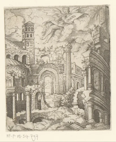 Meetkunde (Geometria) boven ruïneuze bouwwerken by Unknown, print, 1524-1562