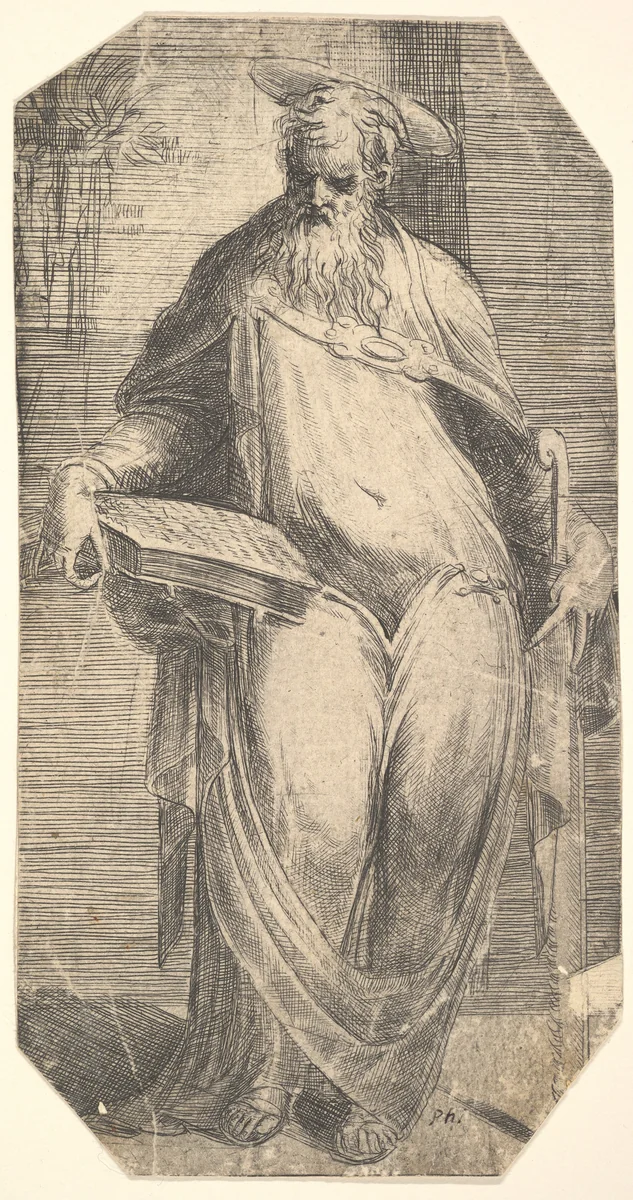 Saint Simon standing, supporting a book on his right thigh, from "Christ and the Apostles" by Andrea Schiavone, print, 1543-1553