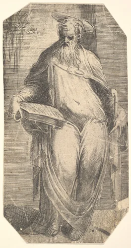 Saint Simon standing, supporting a book on his right thigh, from "Christ and the Apostles" by Andrea Schiavone, print, 1543-1553