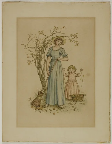 Woman with Broom and Little Girl by Kate Greenaway, painting, 1866-1901