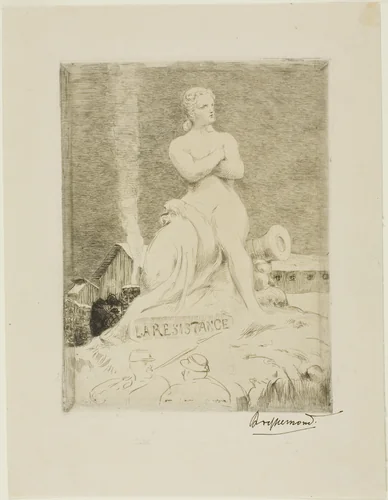 The Statue of The Resistance by Falguière, plate four of The Siege of Paris, 1870 by Felix Bracquemond, print, 1874