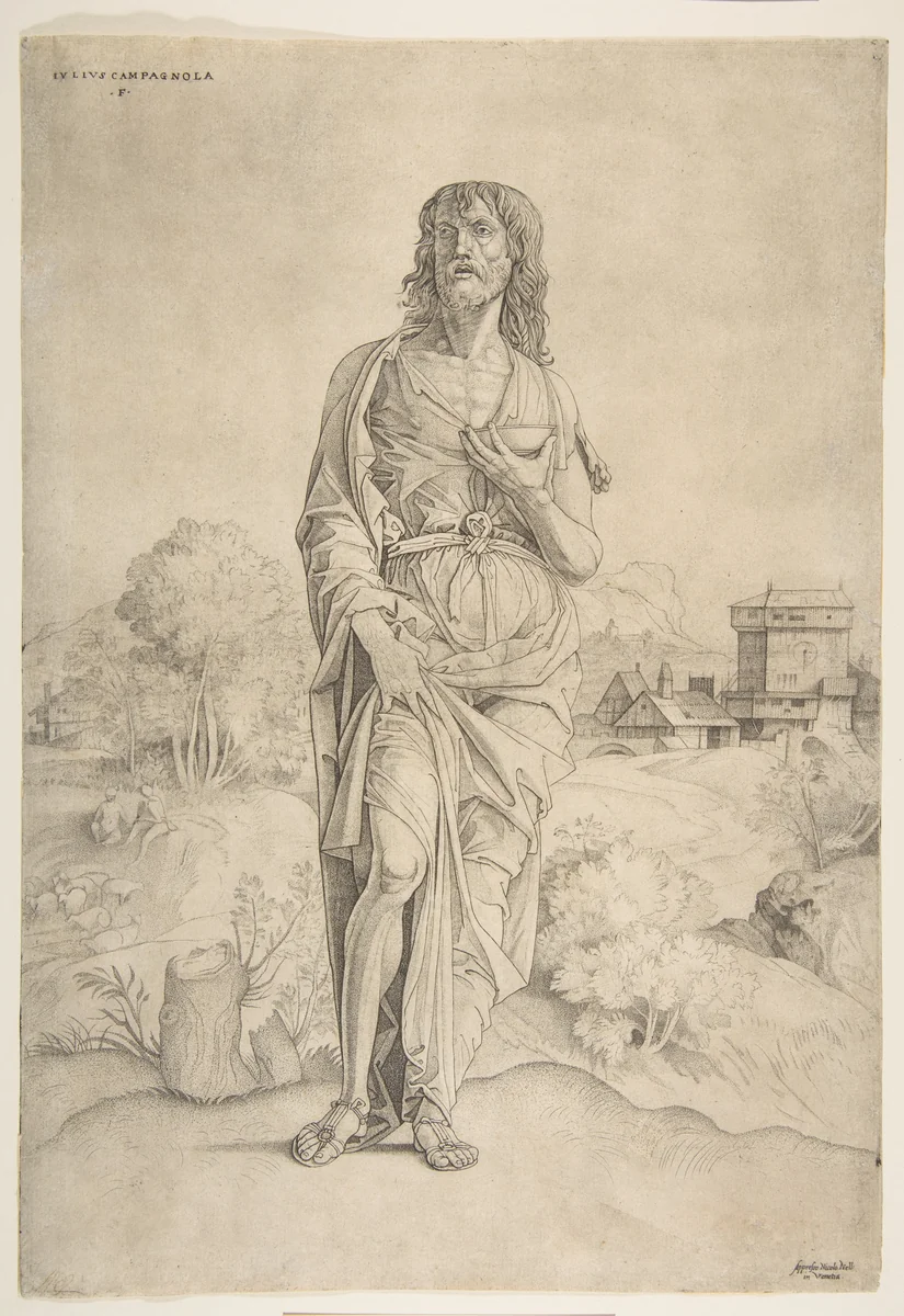 Saint John the Baptist standing in landscape, figures and buildings in the background by Giulio Campagnola, print, 1500-1515