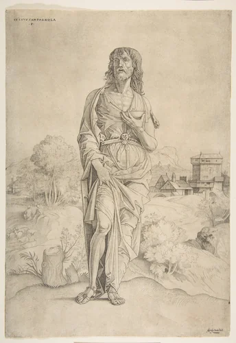 Saint John the Baptist standing in landscape, figures and buildings in the background by Giulio Campagnola, print, 1500-1515