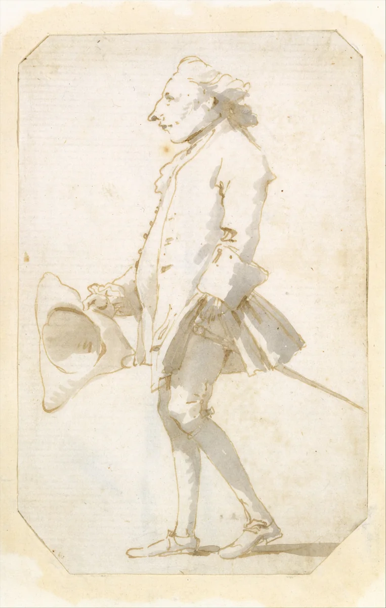 Caricature of a Man Holding a Tricorne, Walking to the Left by Giovanni Battista Tiepolo, drawing, 1737-1748