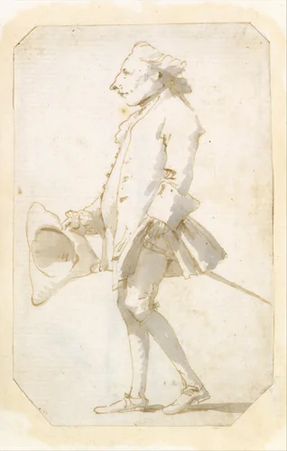 Caricature of a Man Holding a Tricorne, Walking to the Left by Giovanni Battista Tiepolo, drawing, 1737-1748