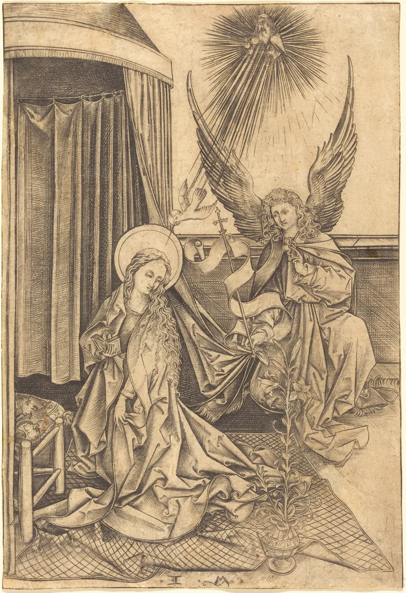 The Annunciation by Israhel van Meckenem; Martin Schongauer, print, 1480-1490