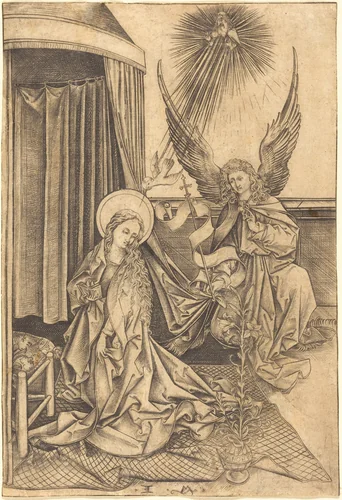 The Annunciation by Israhel van Meckenem; Martin Schongauer, print, 1480-1490